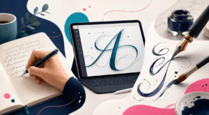 Cursive handwriting, script typography, and calligraphy compared in a modern illustration.