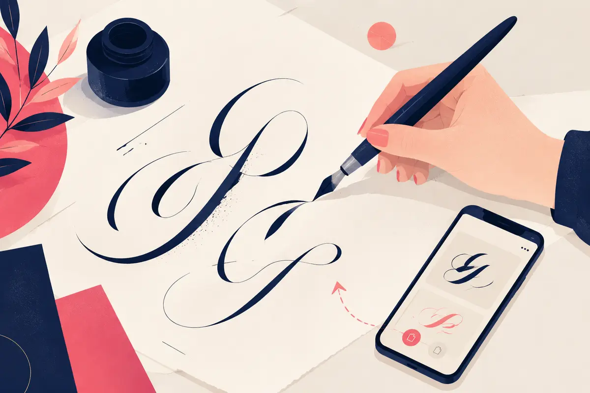 Modern illustration of calligraphy lettering created with a pen and copied to a phone