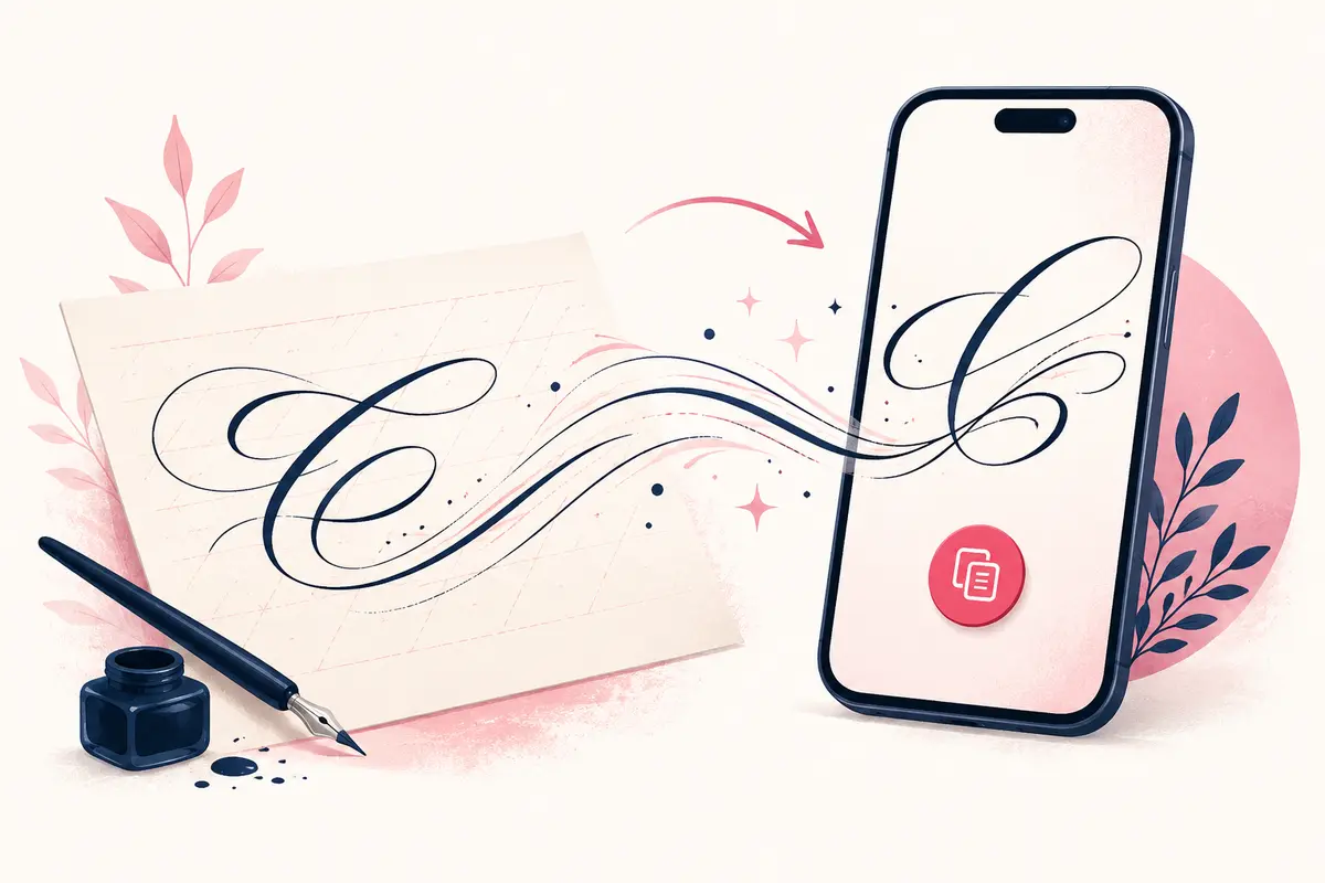 Illustration showing calligraphy-style text flowing from paper to a mobile screen