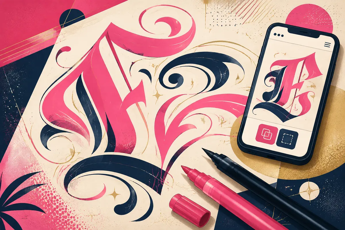 Respectful illustration of ornamental lettering craft with brush pens and a mobile copy gesture