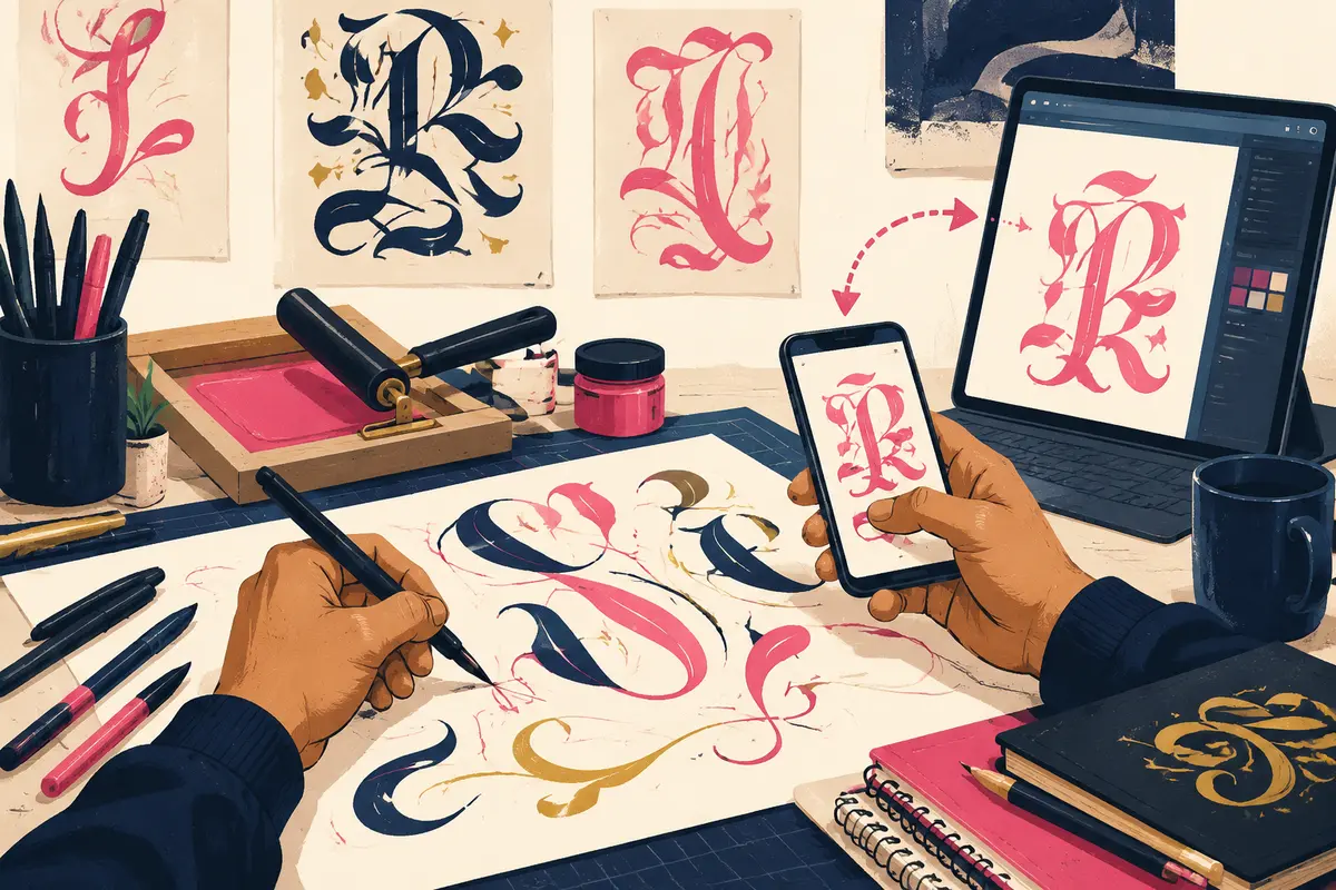 Illustration of a creative lettering workspace combining hand-drawn ornamental strokes with digital text