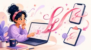Woman copying cursive letter styles from a laptop to mobile devices