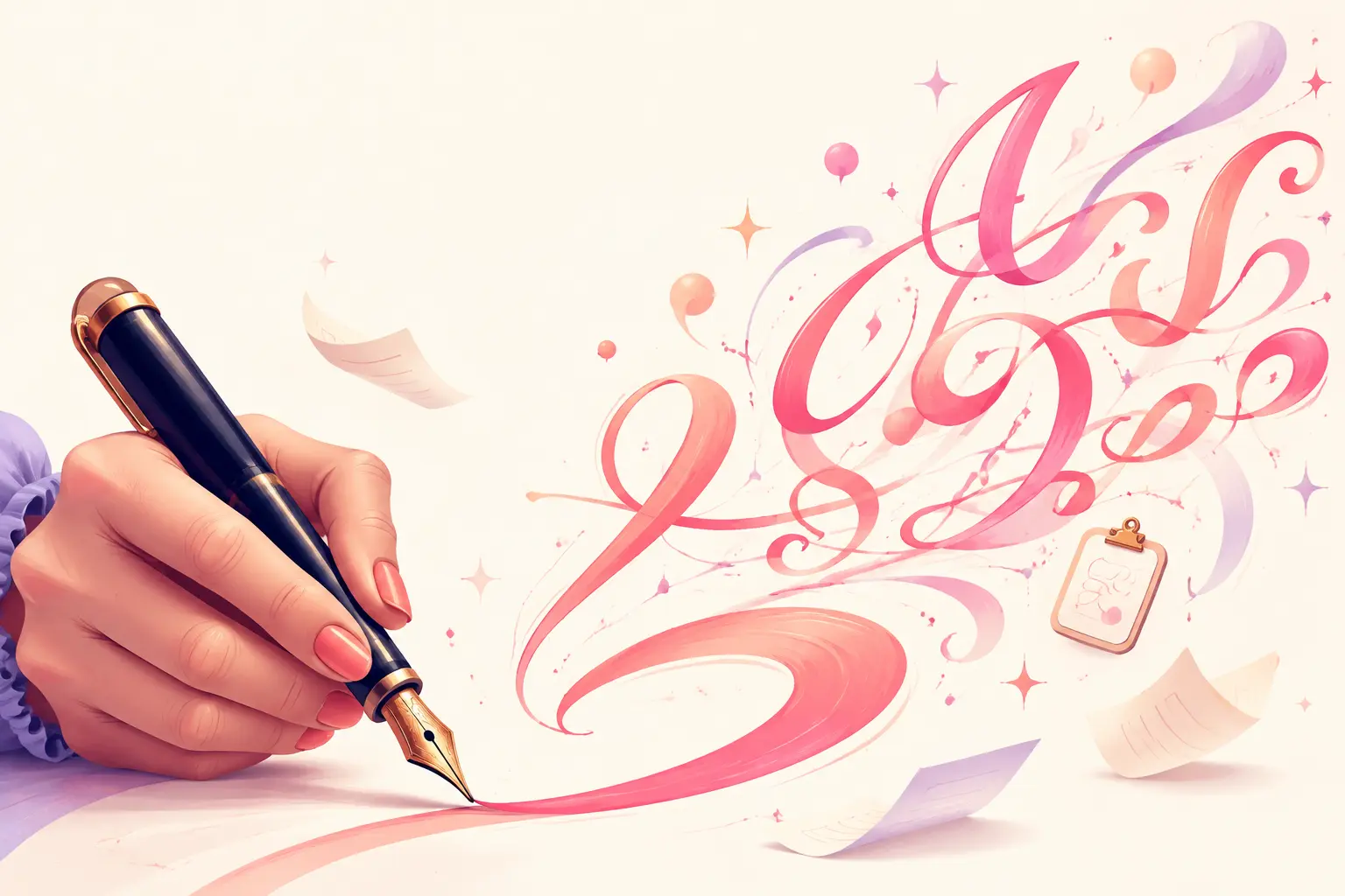 Hand drawing flowing cursive letters with a fountain pen