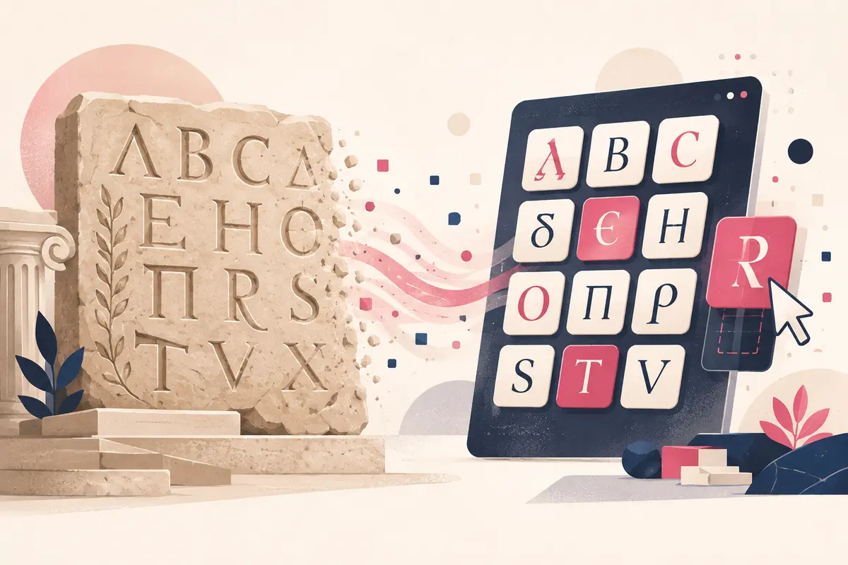 Illustration showing Latin alphabet forms moving from carved stone to digital Unicode-style characters