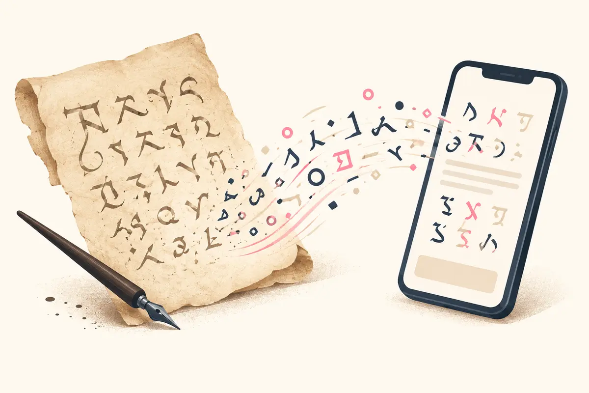 Illustration of handwritten characters moving from paper to a mobile screen