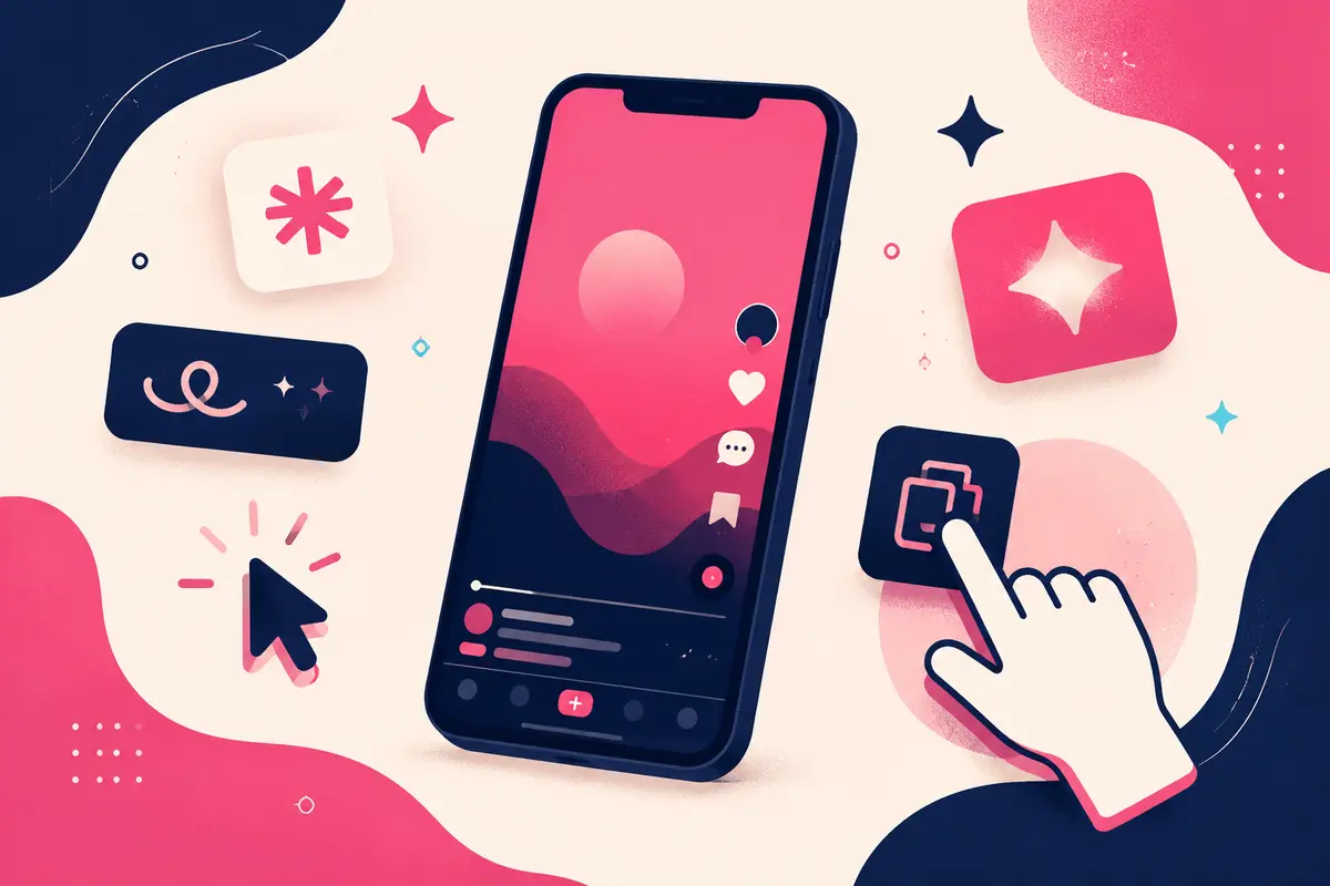 Illustration of a generic short-video phone interface with decorative Unicode-style symbols and a copy action