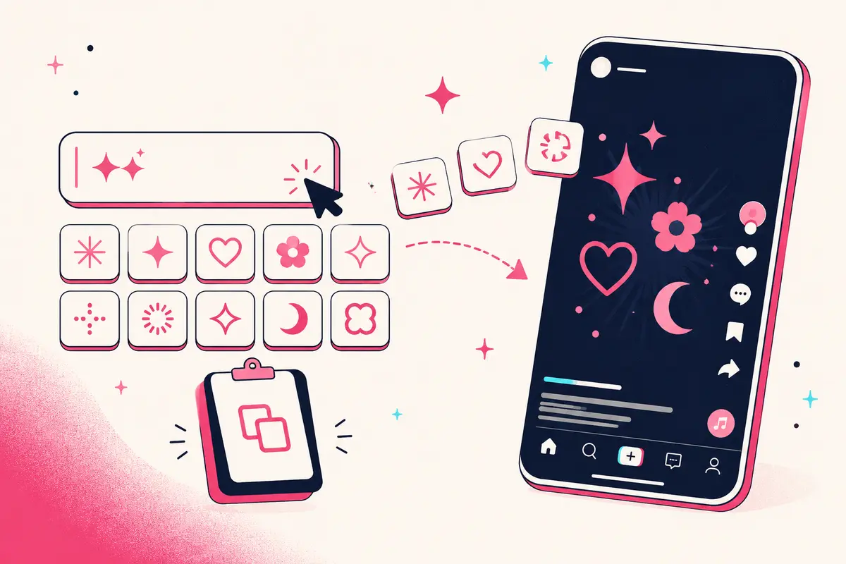 Illustration showing decorative text symbols moving into a social media phone interface