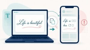 Cursive text displaying correctly on a laptop but breaking into square symbols on a phone