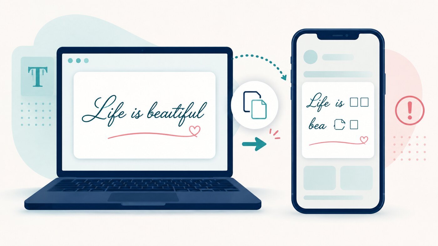 Cursive text displaying correctly on a laptop but breaking into square symbols on a phone