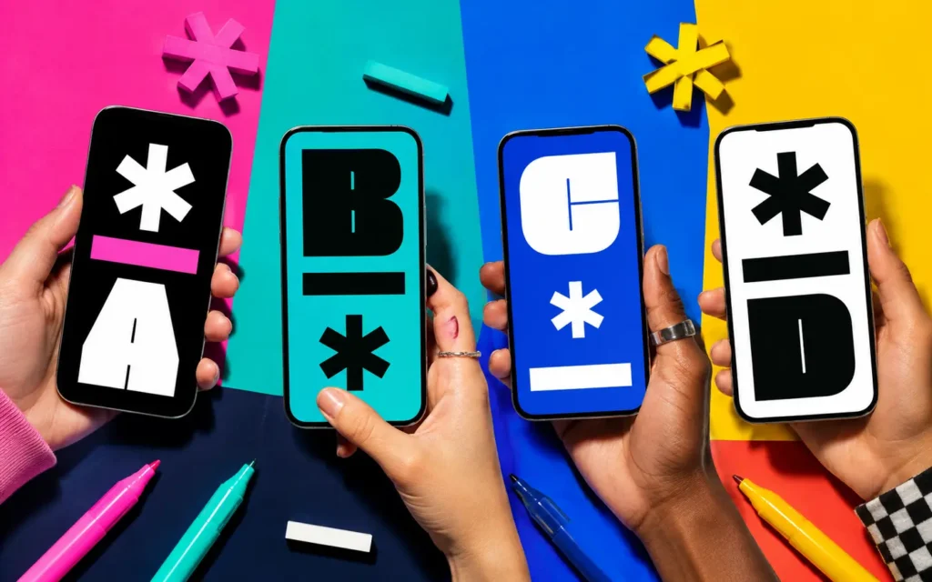 Four colorful phones demonstrating bold text methods for social and messaging apps