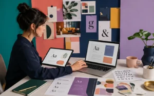 Colorful designer workspace comparing aesthetic fonts for Canva and Google Docs