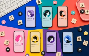 Seven colorful profile screens comparing fancy fonts across social apps