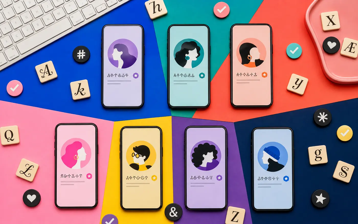 Seven colorful profile screens comparing fancy fonts across social apps