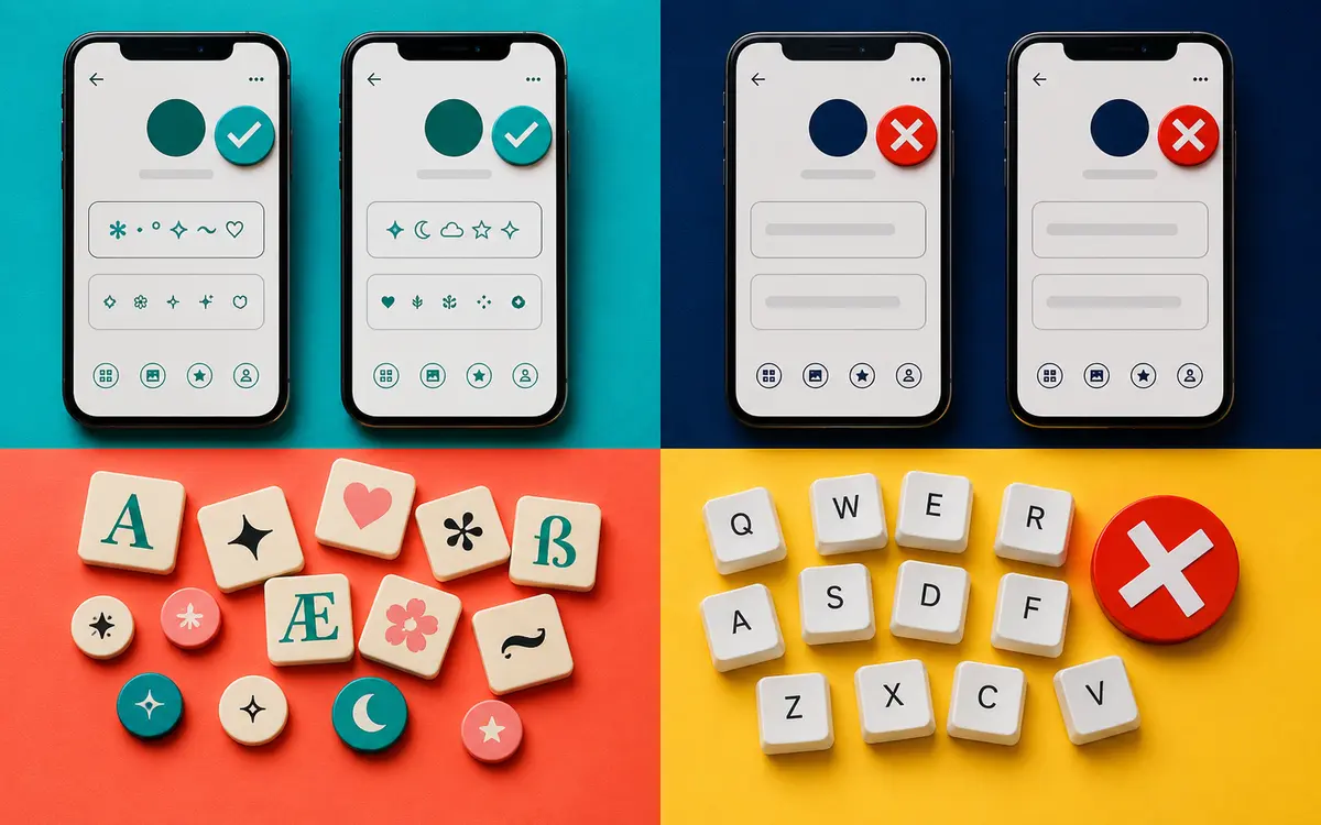 Colorful comparison of decorative display text and restricted username characters