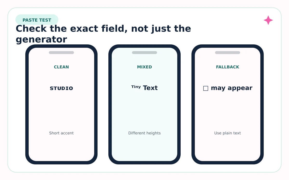 Phone previews showing clean, mixed, and missing-glyph small text
