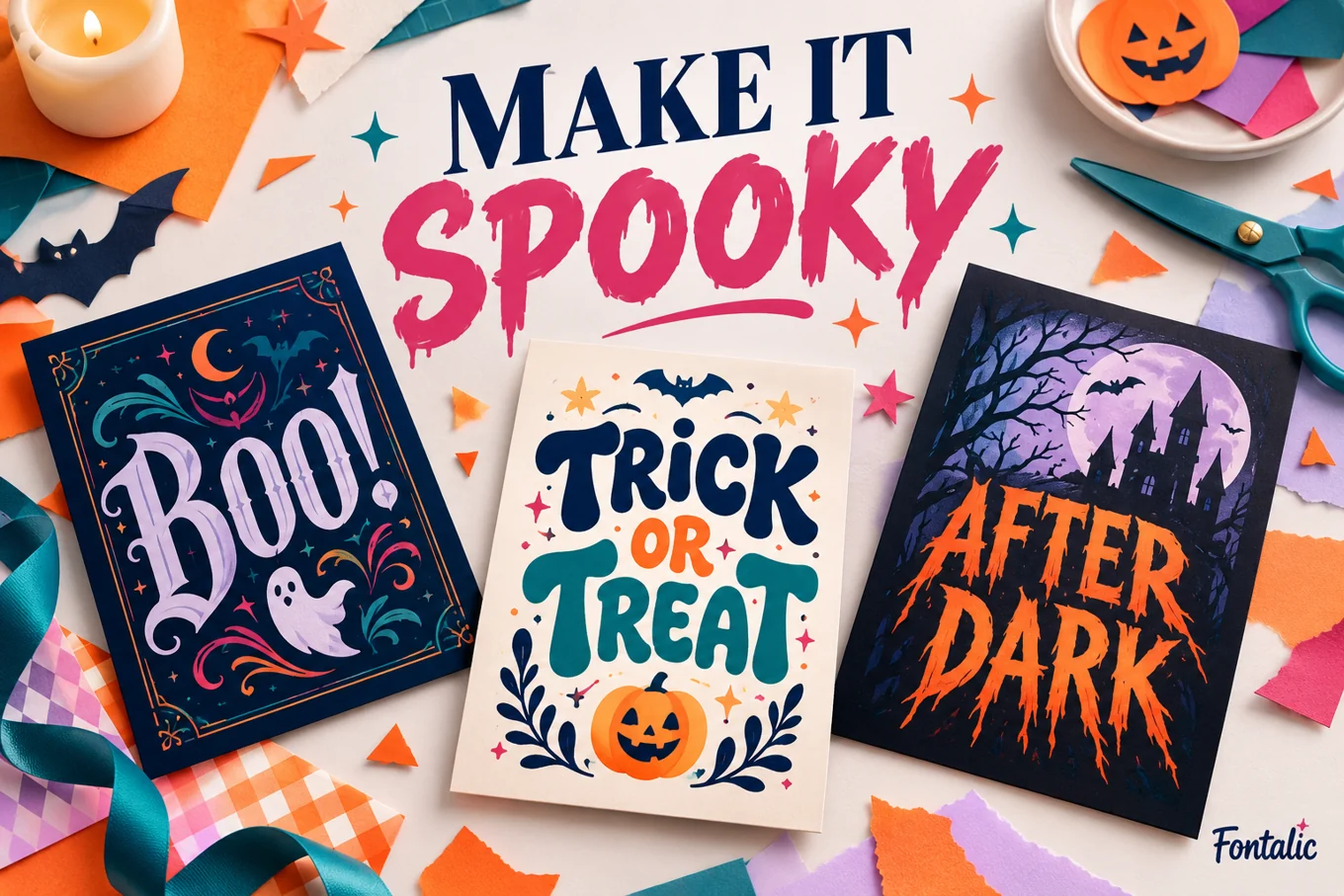 Three Halloween invitation designs with playful, gothic and horror lettering.