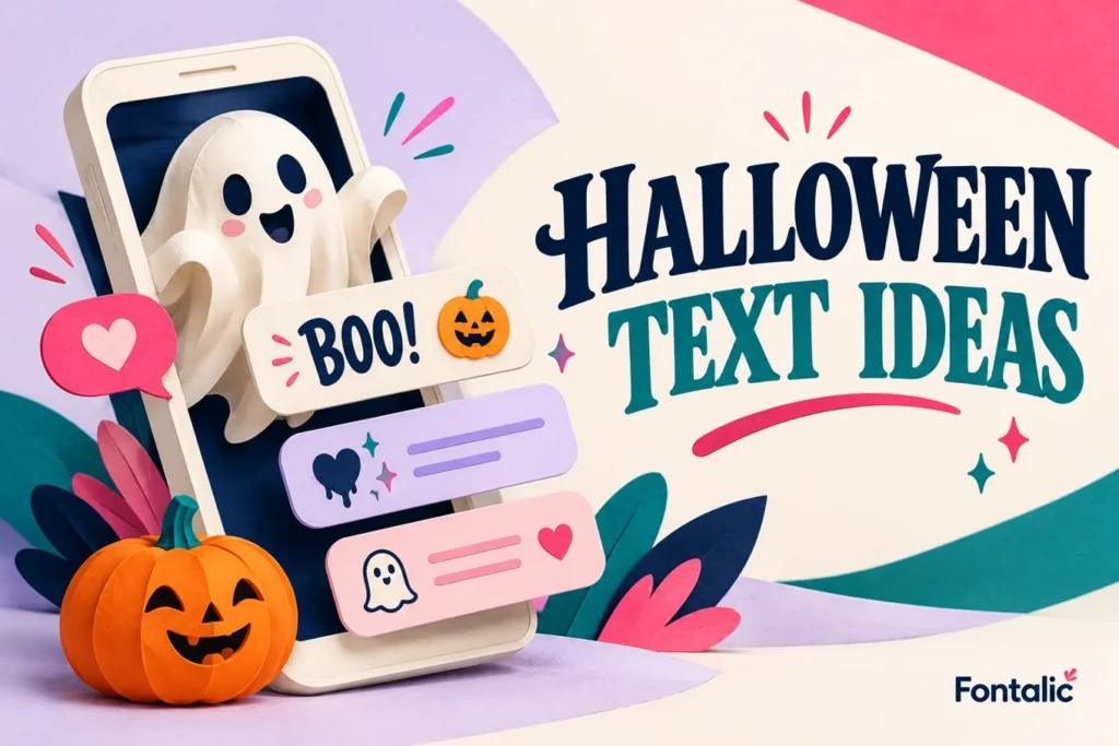 Paper ghost emerging from a phone with Halloween text ideas, message cards and a pumpkin.