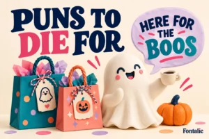 Friendly ghost with treat bags and the Halloween pun Here for the Boos.