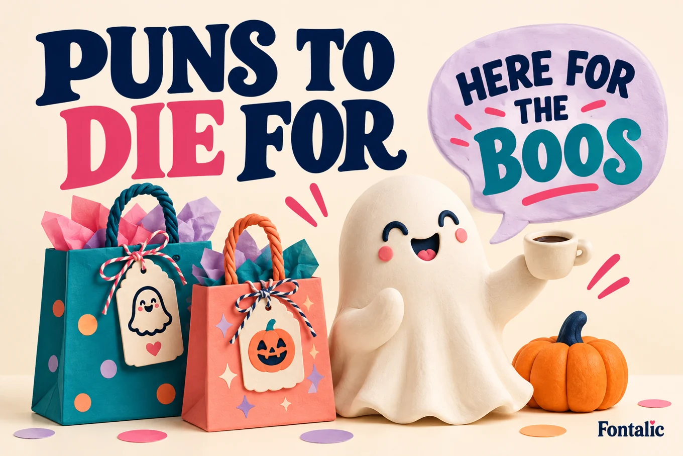 Friendly ghost with treat bags and the Halloween pun Here for the Boos.