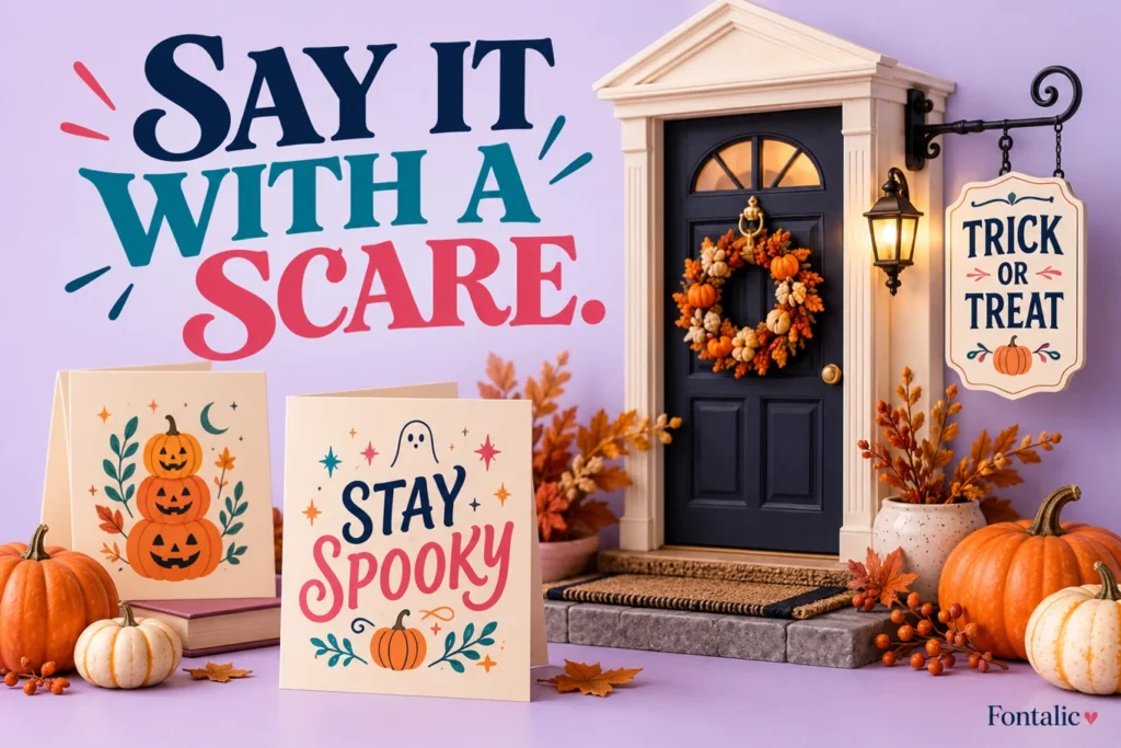 Halloween greeting cards and a Trick or Treat porch sign with pumpkins.
