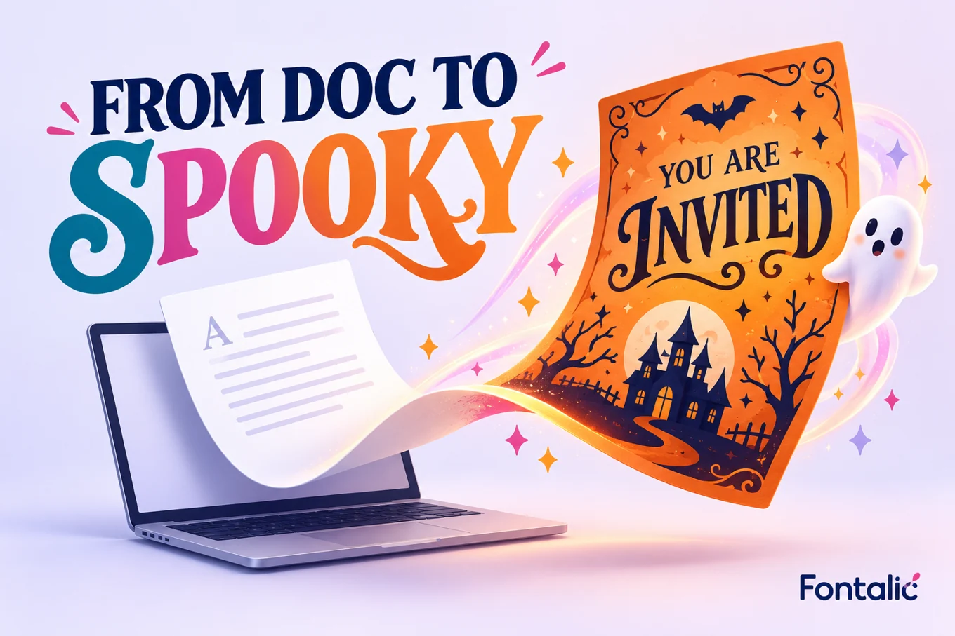 A document transforms into a Halloween invitation beside a laptop and friendly ghost.
