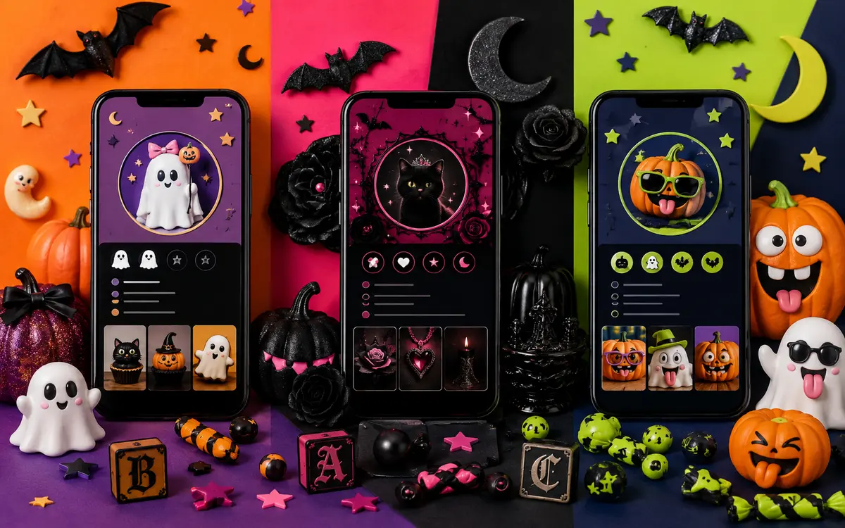 Three colorful Halloween profile styles including spooky cute, dark glam, and funny