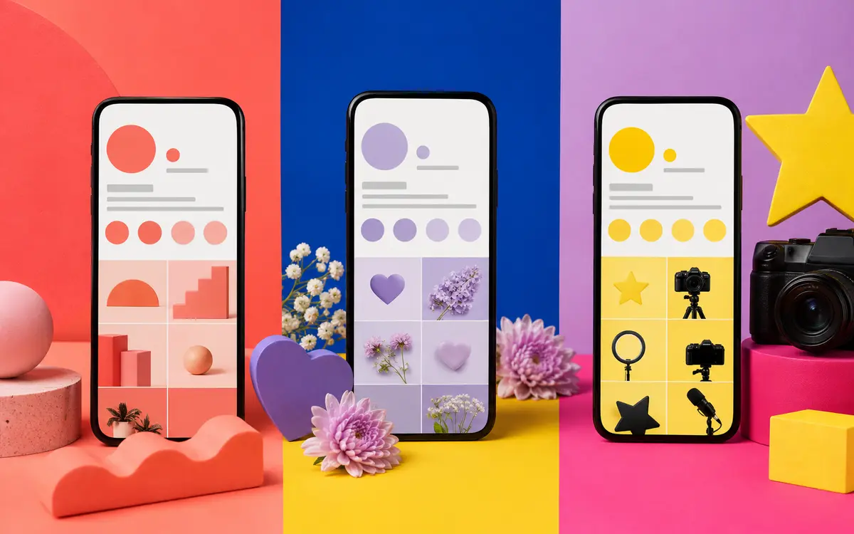 Three colorful Instagram bio styles for minimalist, aesthetic, and creator profiles