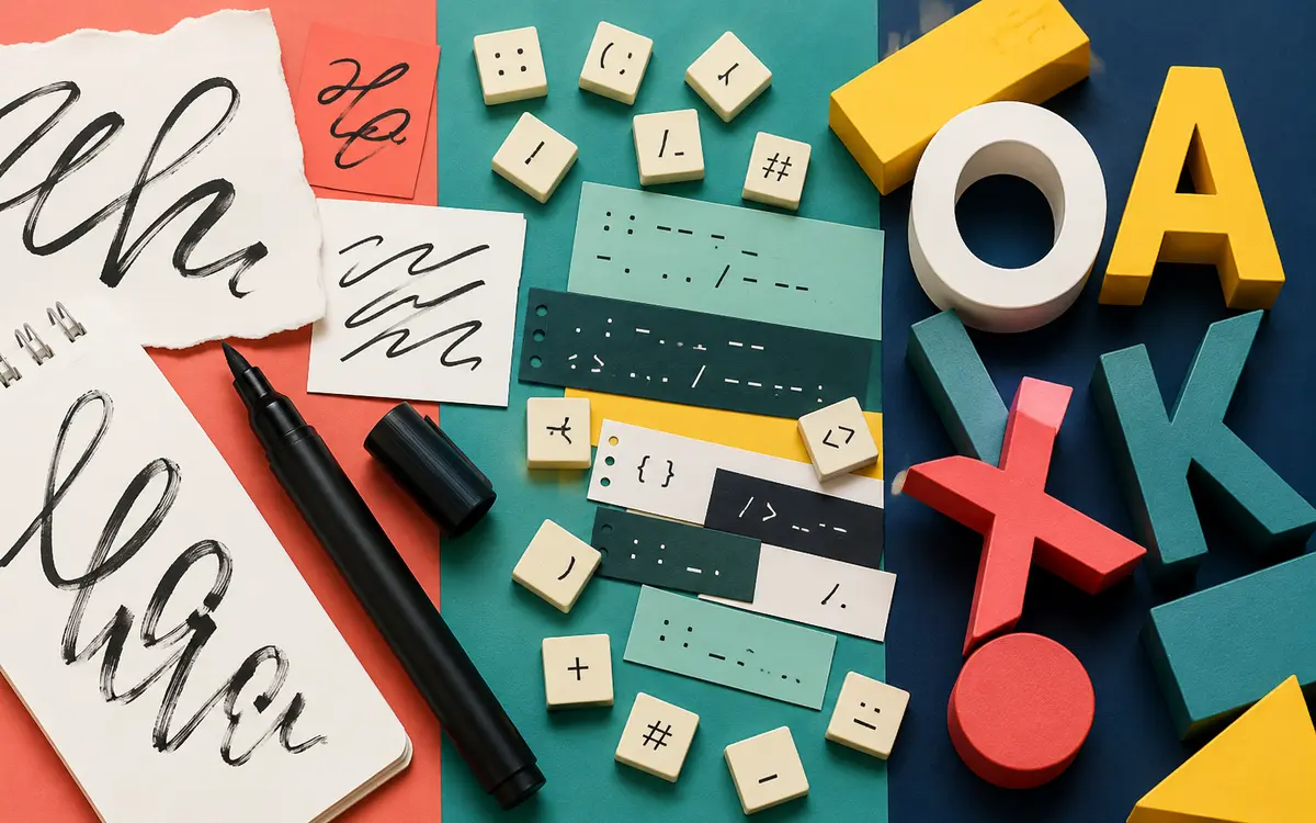 Colorful comparison of handwriting, monospaced, and sans-serif typography