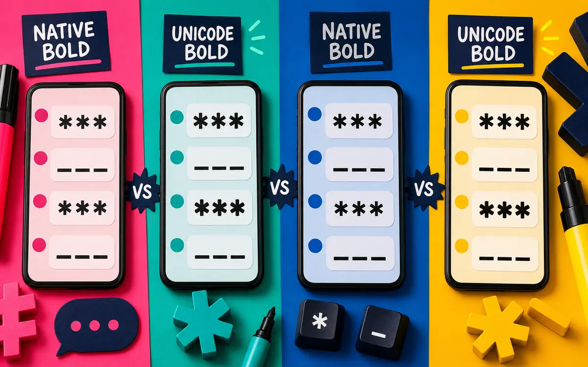 Colorful comparison of native bold and Unicode-style bold text on four phones
