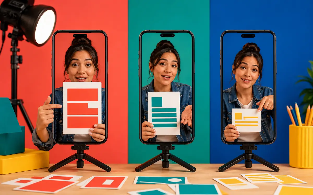 Three colorful short-form video frames demonstrating readable typography hierarchy